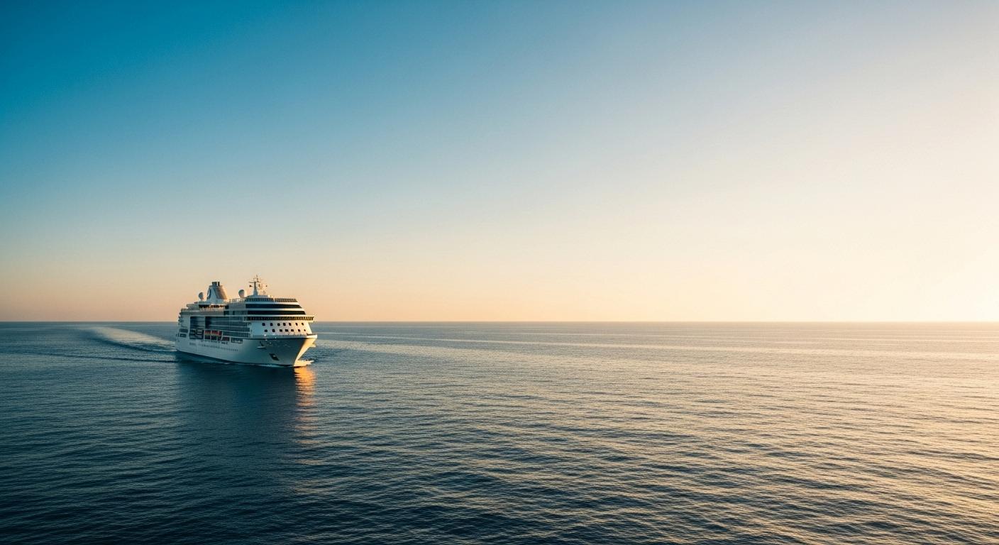 Ein großes Kreuzfahrtschiff auf dem ruhigen Meer bei Sonnenuntergang. Im Vordergrund das Suchformular von Ahoi-Schiff.de mit der Überschrift: Ihre Traum-Kreuzfahrt beginnt hier.
